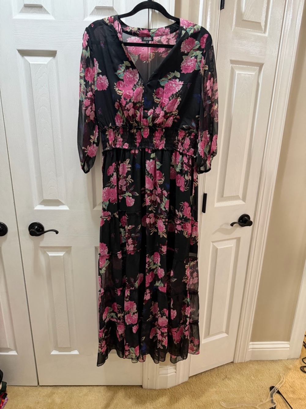 Black & Pink Floral Midi Dress - Elastic Waist, V-Neck